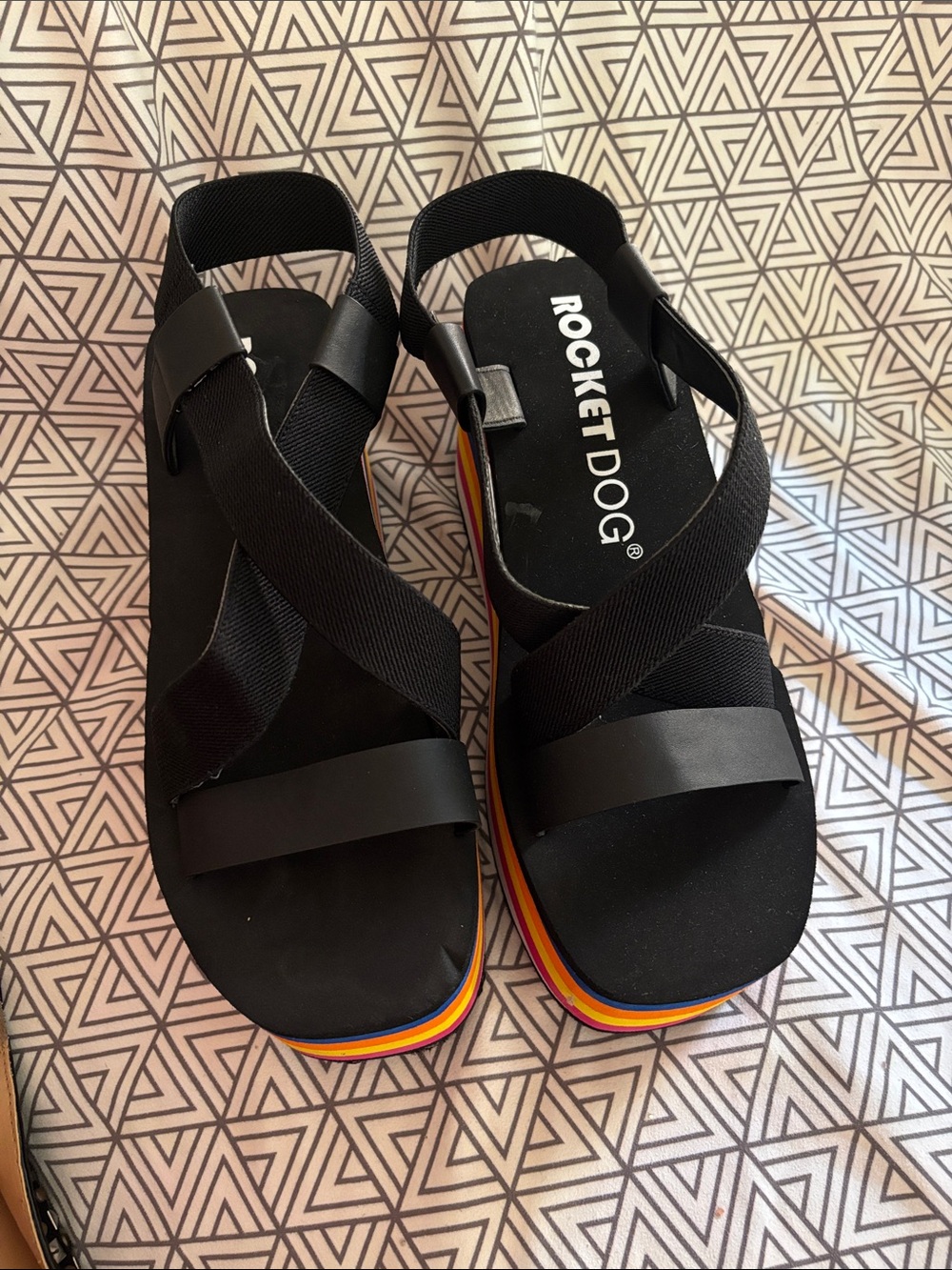 Rocket Dog Black Platform Sandals with Multicolor Rainbow Stripes - Picture 2 of 9